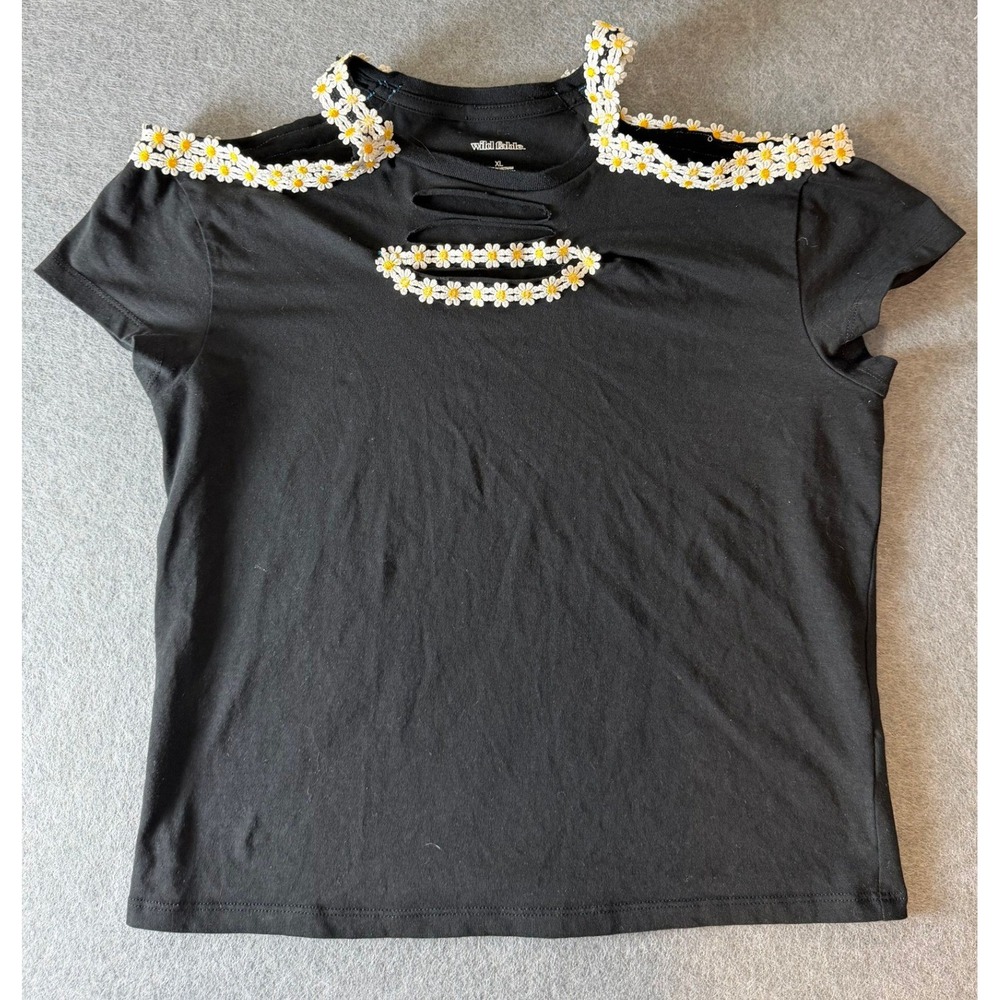 Normcore Classic Whimsygoth Cold Shoulder Black Top XL Daisy Crochet Cutout Tee